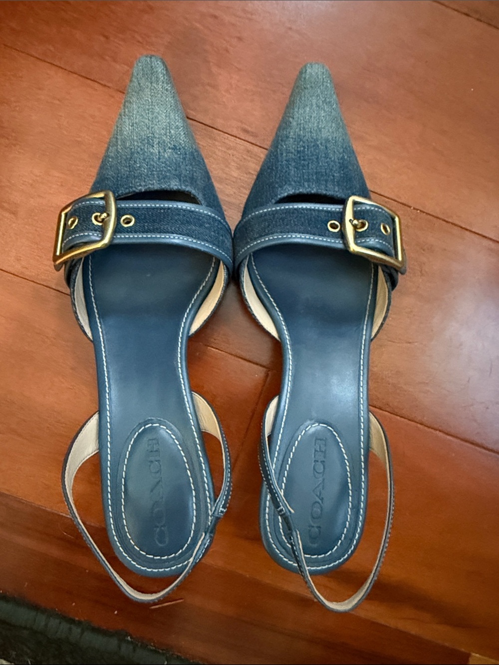 Coach Denim Pointed Toe Slingbacks with Gold Buckles size 9